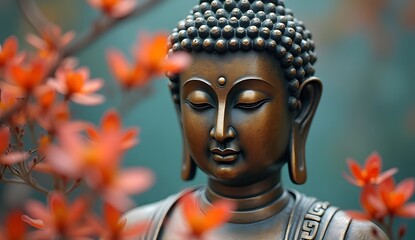Bronze Buddha Statue with Red Autumn Leaves