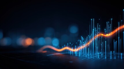 Abstract Financial Growth Chart with Orange Trend Line and Rising Blue Columns in Dark Background