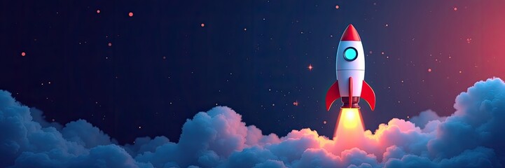 Rocket launching into night sky above clouds.