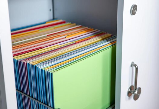 Neatly organized hanging file folders in a filing cabinet,   archive system,  business