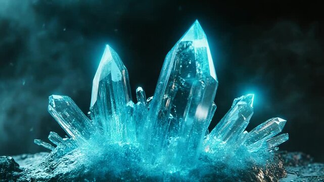 Kryptonite crystal cluster glowing on rocks in a dark cave