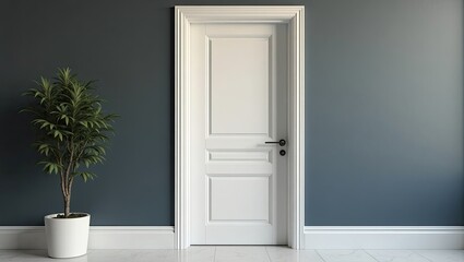 Interior shot of a room with a white door and dark blue walls.