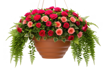 Beautiful hanging basket filled with roses and ferns isolated on transparent background