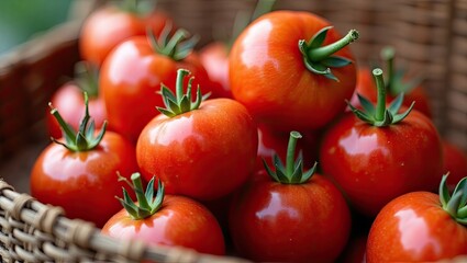 Close-up view of fresh tomatoes in a basket.