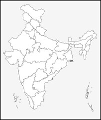 Blank outline map of India showing state and union territory boundaries. © Umm Hamzah