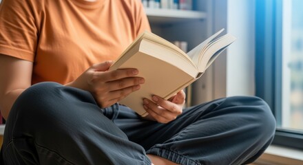 Fototapeta premium Woman immersed in reading a book sitting near the window, enjoying leisure time indoors
