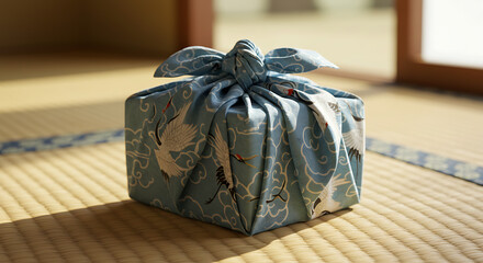 An elegant gift wrapped in traditional Japanese Furoshiki cloth featuring a blue crane and cloud pattern