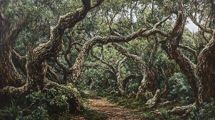 Sunlit path through ancient forest