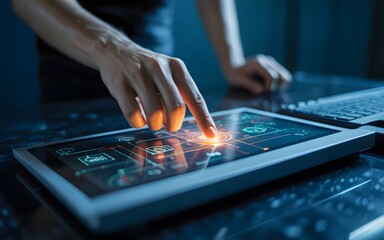 Person interacting with futuristic digital interface and data visualization