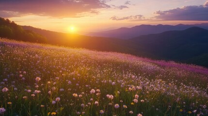 Obraz premium Serene wildflowers blooming at sunset in mountainous region