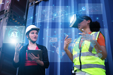 Woman worker using AI technology for logistic management to automate warehouse processes, streamline distribution, and enhance global transportation efficiency