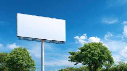 Blank Billboard Mockup Against a Vibrant Blue Sky and Green Trees on a Sunny Day