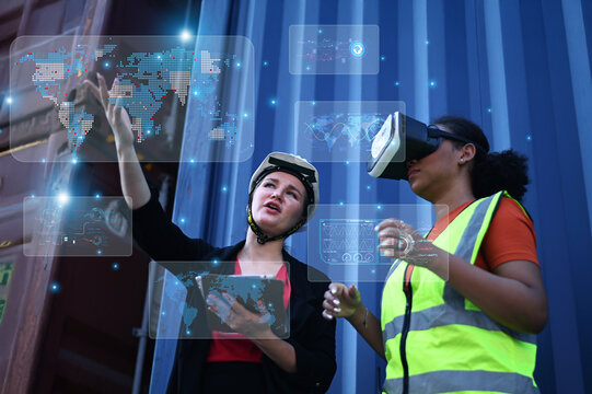 Woman worker using AI technology for logistic management to monitor cargo movement, reduce operational costs, and improve supply chain transparency