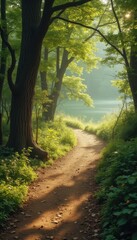 Obraz premium Serene forest path leading to a tranquil lake in daylight