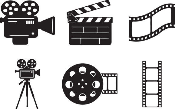Film reel and movie camera icon for cinema and video production