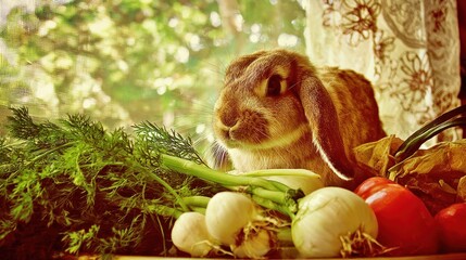A brown rabbit sits amongst a variety of fresh vegetables.