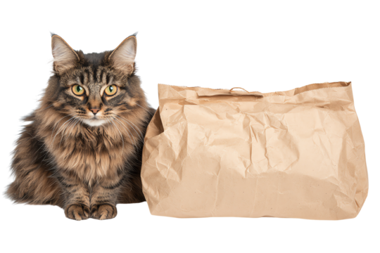 A charming cat sits beside a crumpled paper bag, showcasing its playful demeanor and great curiosity.
