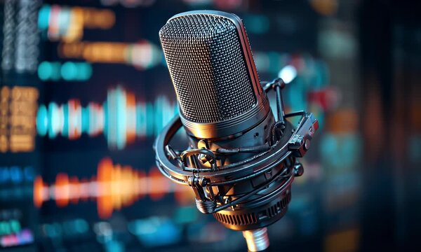 Microphone and digital data on a screen background, representing podcasting technology for creating online audio content.