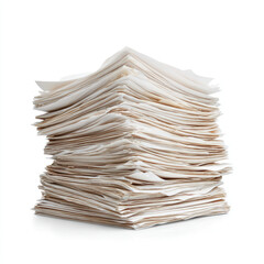 Stack of crumpled paper sheets piled high on white background