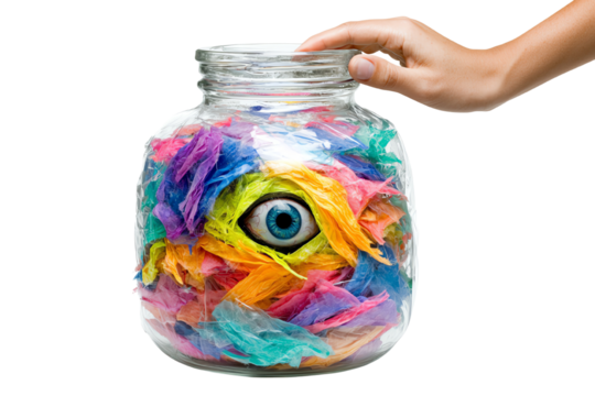 A creative jar filled with colorful tissues, featuring a unique eye design for a whimsical artistic touch.