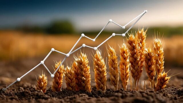 Wheat Growth and Market Trends: An artistic representation of wheat growth combined with a line graph illustrating market trends, symbolizing growth and profitability in the agricultural industry. 