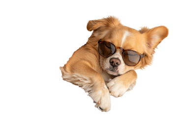 A cute dog wearing sunglasses, showcasing a playful and relaxed vibe, perfect for pet lovers and summer themes.