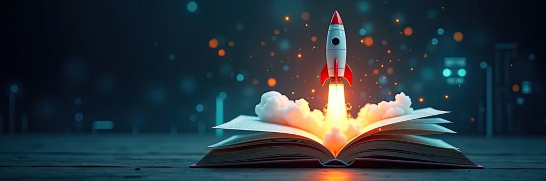Rocket launching from an open book, symbolizing innovation and inspiration.