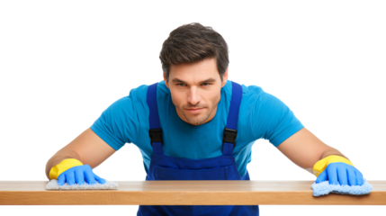 A focused man in blue overalls cleans a wooden surface with a cloth, showcasing dedication to cleanliness and hard work.