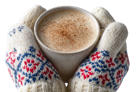 Hands wearing knitted winter mittens holding a warm cup of spiced beverage isolated on transparent background - Powered by Adobe