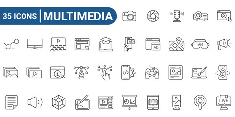 Thirty five multimedia icons with outline style, suitable for educational material, infographics, presentations, project website and mobile app. editable stroke. vector illustration