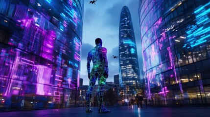 Fototapeta premium Male drone operator in futuristic city at night with drones