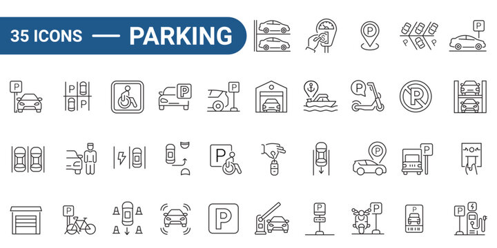 Thirty five outline icons of parking, perfect for signs, websites, and apps in transportation, urban planning, and commercial design projects. editable stroke. vector illustration