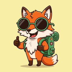 Cartoon fox character with round sunglasses and a green backpack gives a cheerful thumbs-up against a light yellow background.