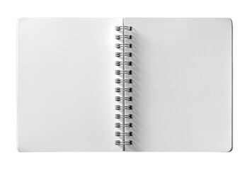 An open blank spiralbound notebook with white pages, isolated on a transparent background