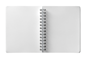 An open blank spiralbound notebook with white pages, isolated on a transparent background