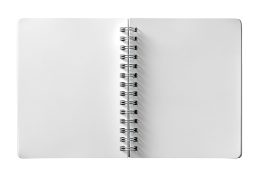 An open blank spiralbound notebook with white pages, isolated on a transparent background