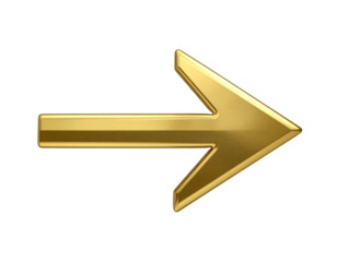  Modern sharp arrow in brilliant gold metallic finish isolated on transparent background PNG