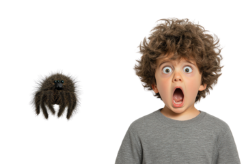 A surprised boy reacting in shock to a spider, capturing a moment of fear and surprise in a playful way.