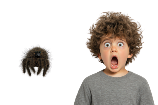 A surprised boy reacting in shock to a spider, capturing a moment of fear and surprise in a playful way.