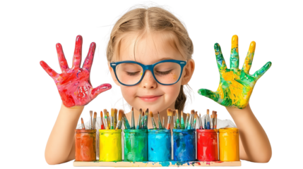 A young girl joyfully showing her colorful painted hands next to a row of vibrant paint jars, celebrating creativity and art.