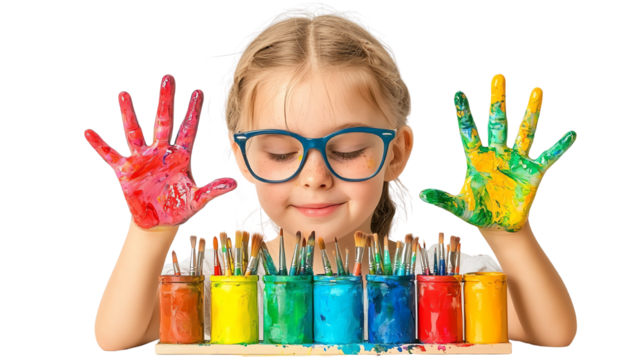 A young girl joyfully showing her colorful painted hands next to a row of vibrant paint jars, celebrating creativity and art.