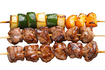 Delicious skewers featuring juicy meat and colorful grilled vegetables, perfect for a summer barbecue or mealtime feast.