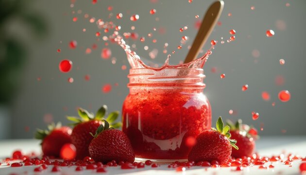 Vibrant strawberry jam splashing from jar with fresh strawberries