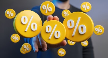Hand Displaying Floating Percentage Symbols Representing Discounts, Sales, or Financial Gains on a Blurred Background