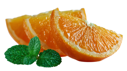 Fresh orange slices garnished with mint leaves, perfect for refreshing drinks or healthy snacks, showcasing vibrant colors and textures.