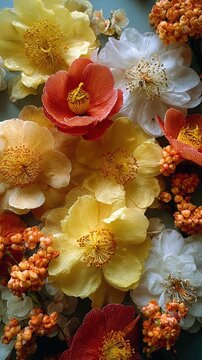 A beautiful allover flat lay of yellow light cam&Atilde;&copy;lias flower, including the white and red yellow paquerette flowers and little flowers orange