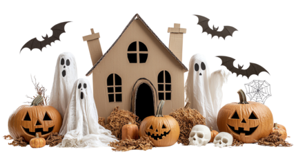 Spooky Halloween scene with haunted house, ghosts, pumpkins, and bats for festive decoration and celebration.