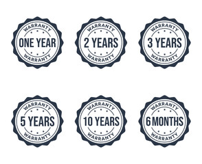 1, 2, 3, 5, 10 years warranty icon set, 6 months warranty label