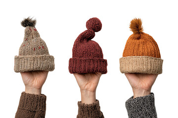 Three stylish knitted winter hats held by hands, representing warmth and fashion in cold weather.