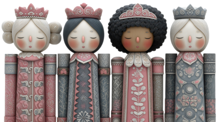 Diverse multicultural Christmas nutcracker dolls collection, intricate folk art patterns traditional holiday decorations representing different ethnicities transparent background.